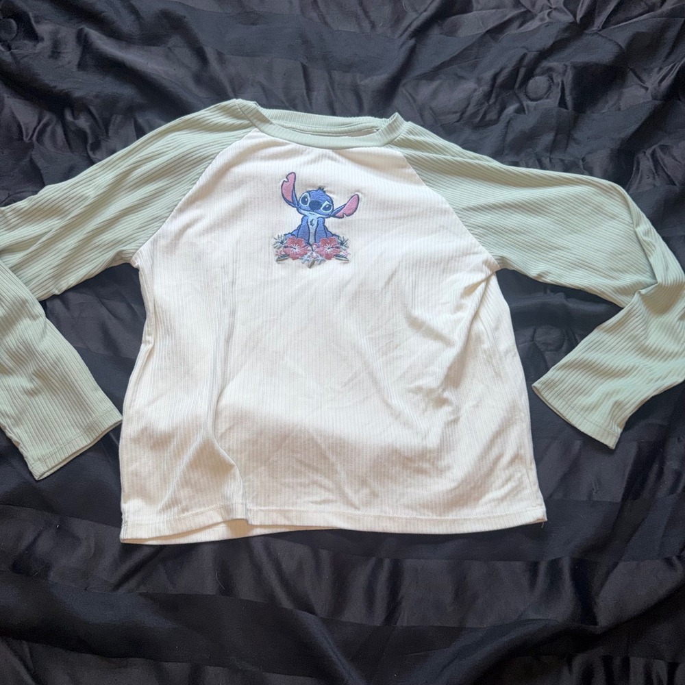 Disney Stitch Raglan Top Girls Large Green Cream Ribbed Embroidered Disneycore